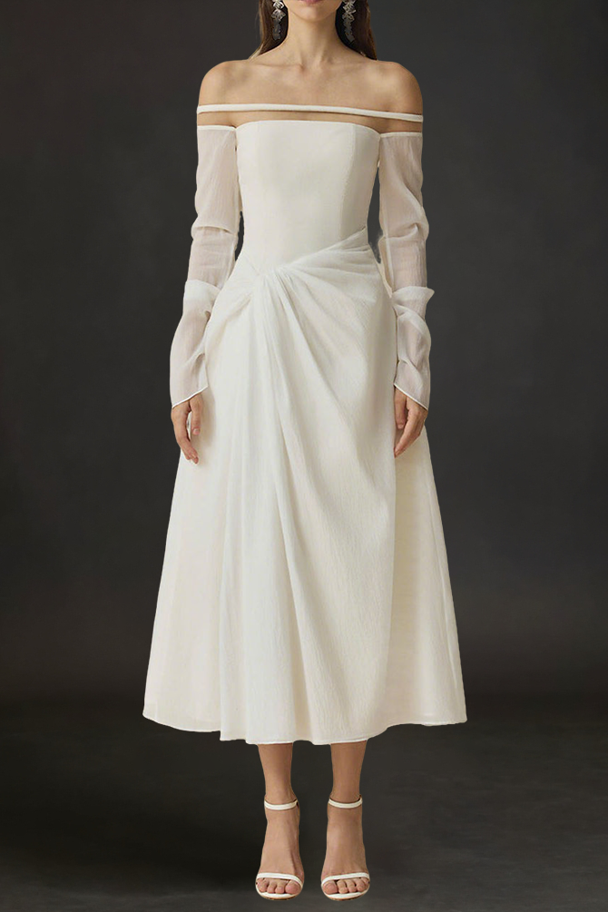 judith off-shoulder A-line Voile Midi Dress in white