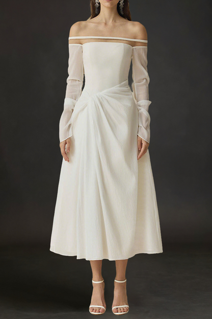 judith off-shoulder A-line Voile Midi Dress in white