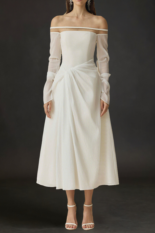 judith off-shoulder A-line Voile Midi Dress in white