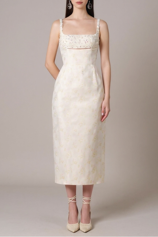 BEADED BROCADE PENCIL MIDI DRESS