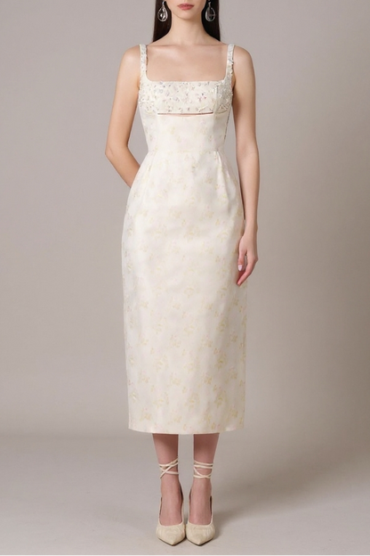 BEADED BROCADE PENCIL MIDI DRESS