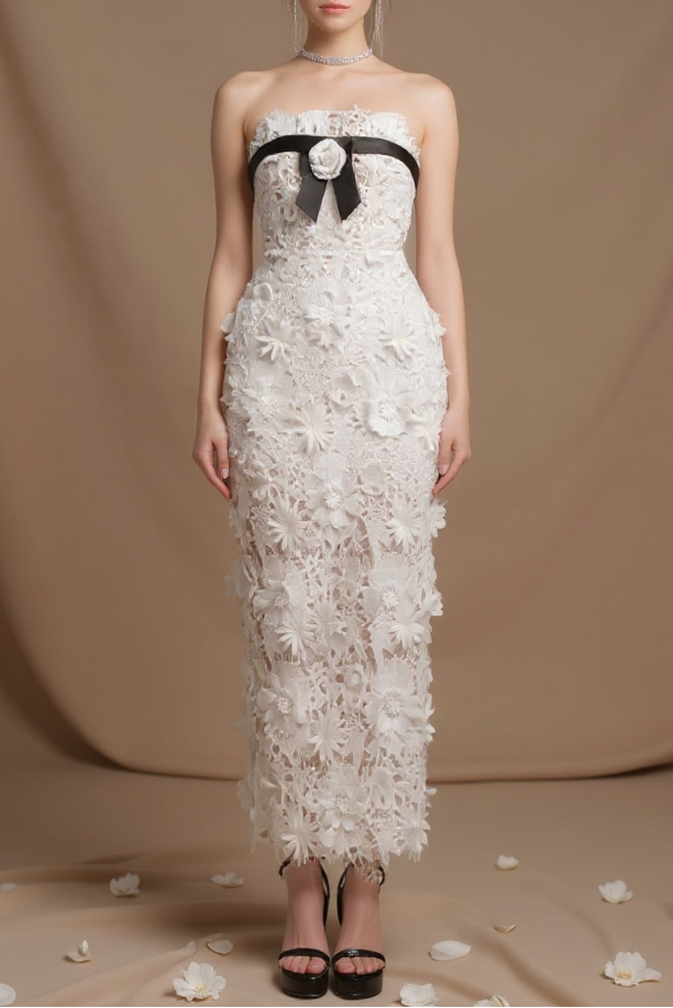 Strapless Flower Embroidery Maxi Dress In White