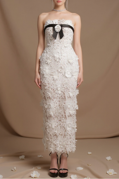 Strapless Flower Embroidery Maxi Dress In White