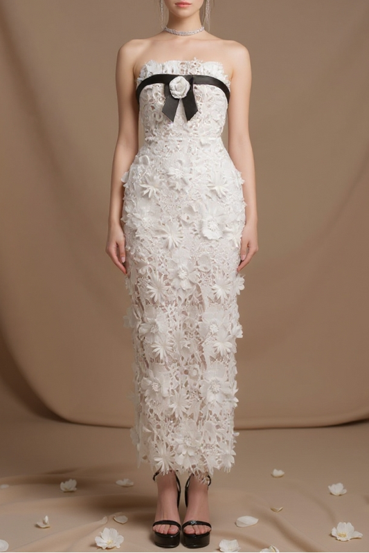 Strapless Flower Embroidery Maxi Dress In White