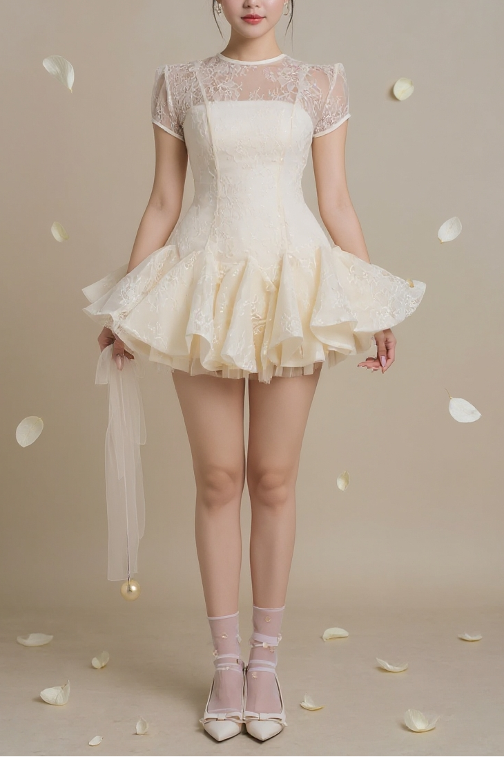 kelly sequin lace puffy mini dress in white