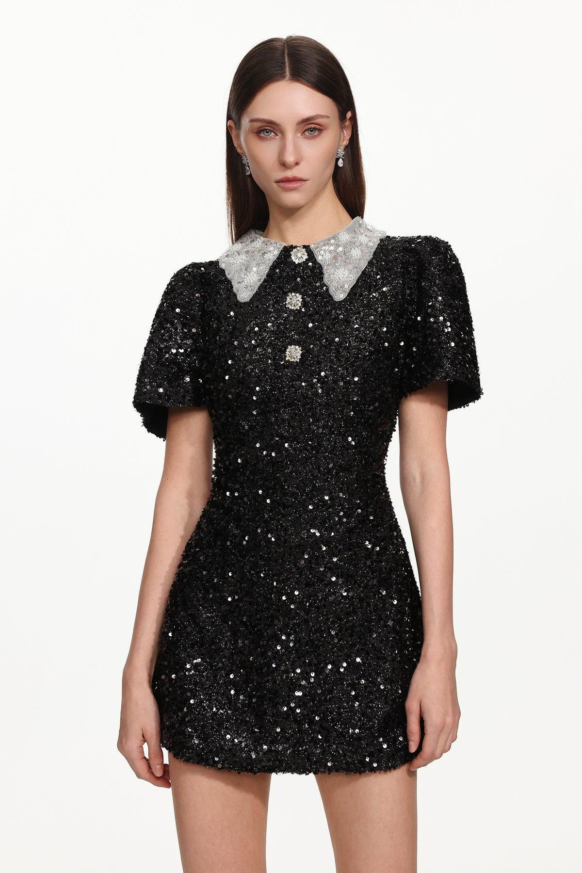 dora Buttoned Contrast Collar Sequin Mini Dress in black