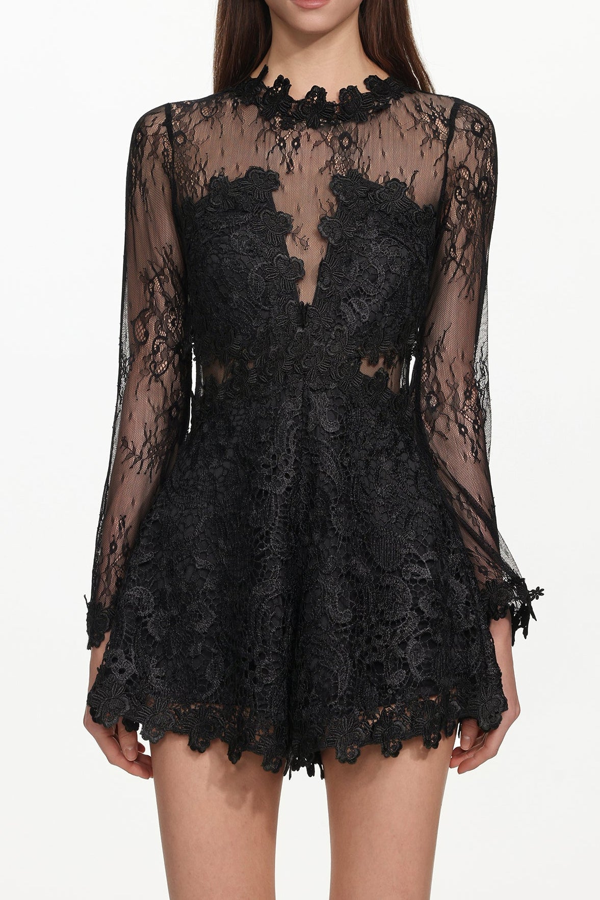 Sheer Lace Long Sleeve Skort Romper