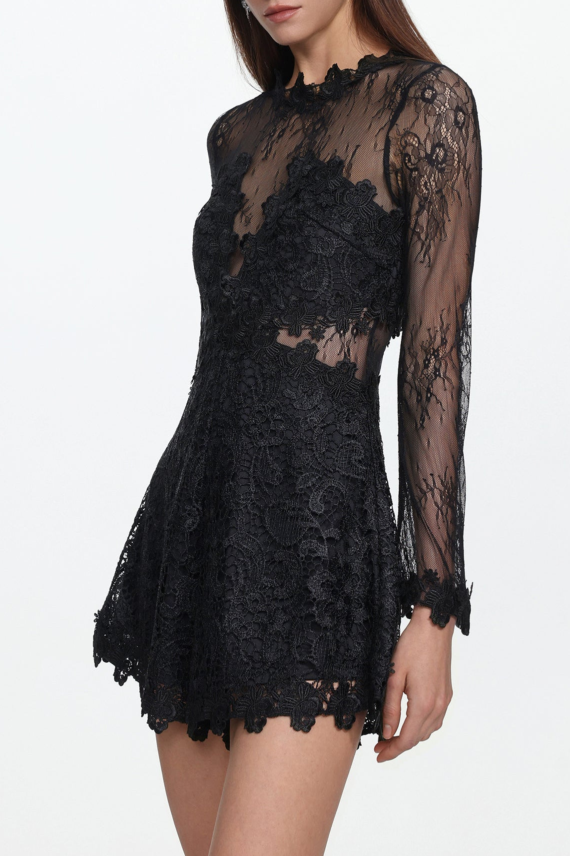 Sheer Lace Long Sleeve Skort Romper