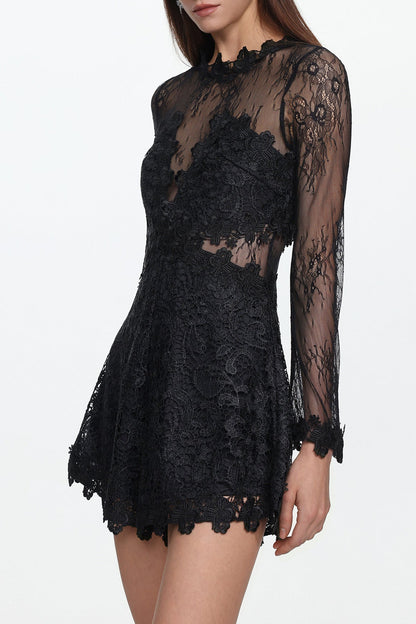Sheer Lace Long Sleeve Skort Romper