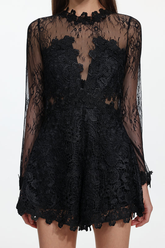 Sheer Lace Long Sleeve Skort Romper