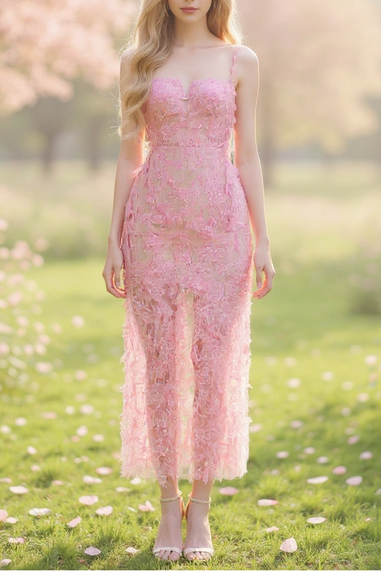 PINK BEADED LACE PENCEL DRESS