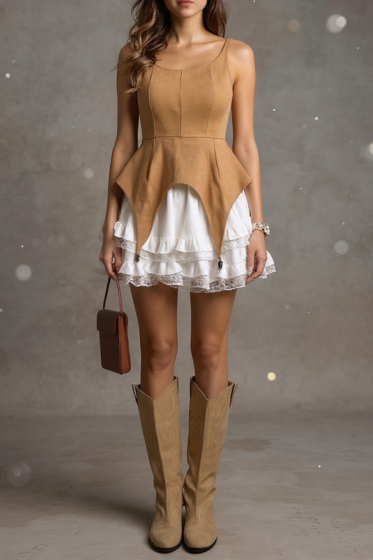 tara Square Neck Sleeveless Patchwork mini dress in brown
