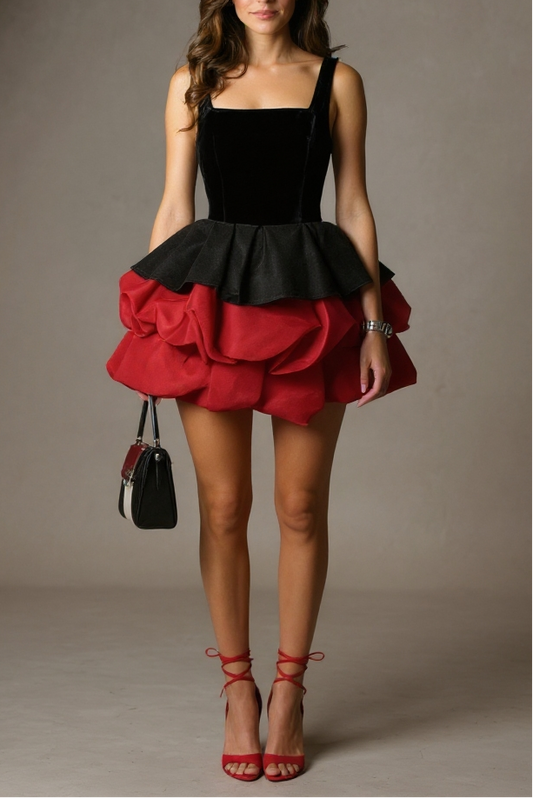 alexandra layer Wavy trim mini dress  - black/red
