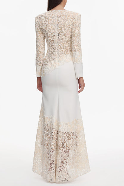 jacqueline Beige lace Embroidered long sleeve Mermaid Maxi Dress