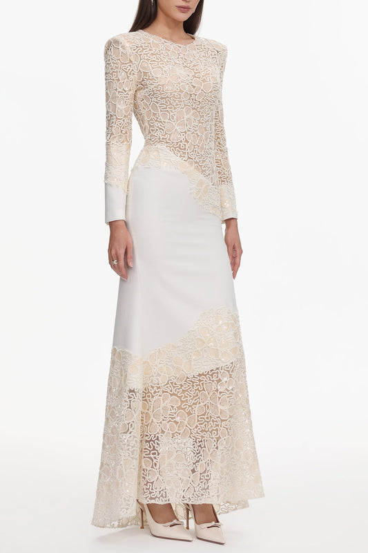 jacqueline Beige lace Embroidered long sleeve Mermaid Maxi Dress