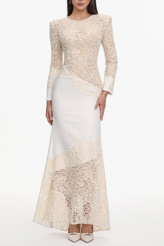 jacqueline Beige lace Embroidered long sleeve Mermaid Maxi Dress