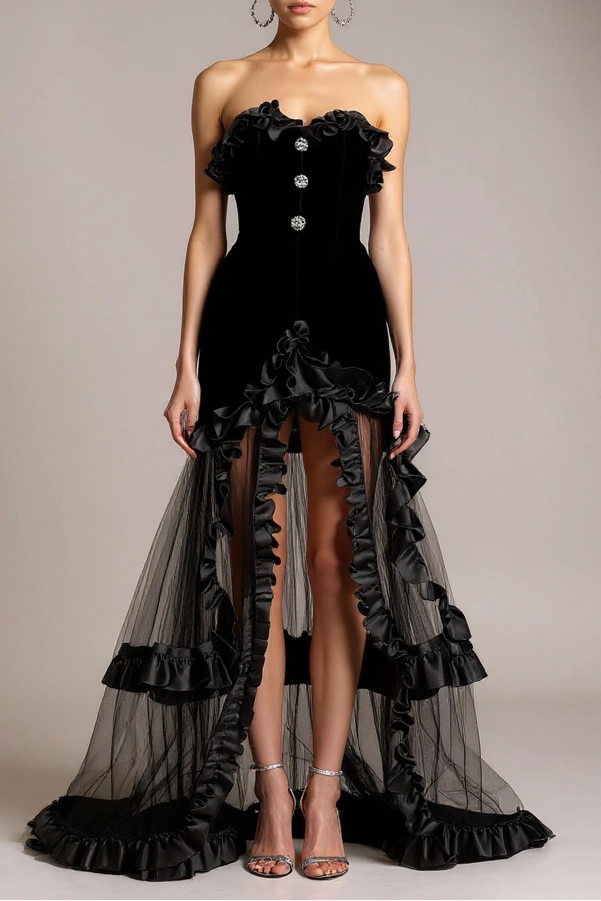 Yalie Ruffle Strapless Mesh Maxi Dress