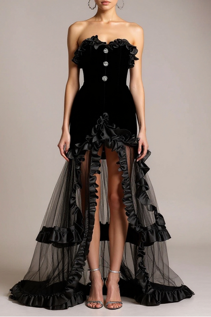Yalie Ruffle Strapless Mesh Maxi Dress