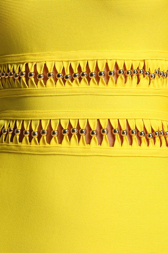 Bright Yellow Square Strap Cutout Fringe Bandage Maxi Mermaid Dress