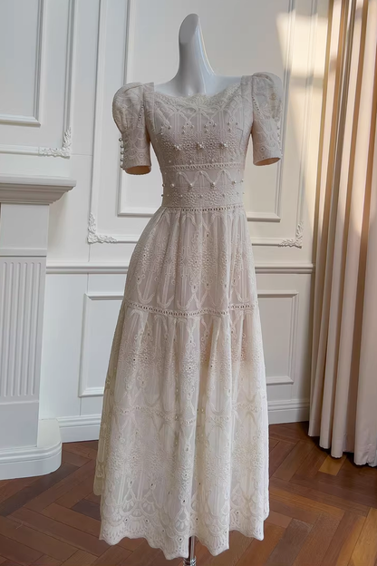 A-line Leg Of Mutton Sleeved Lace Midi Dress