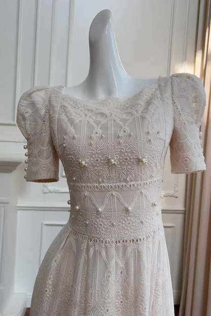 A-line Leg Of Mutton Sleeved Lace Midi Dress