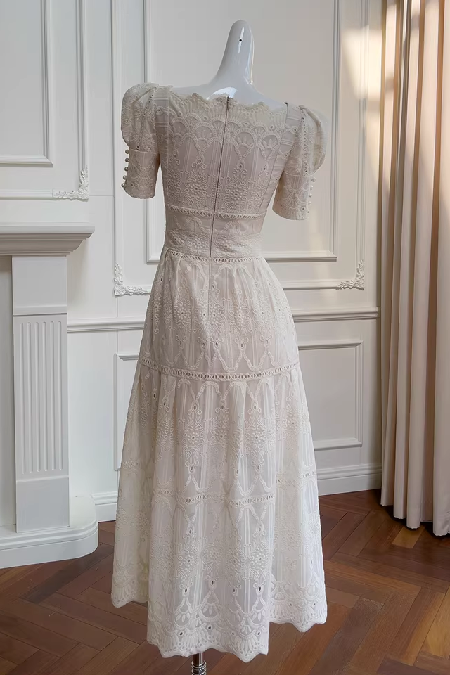 A-line Leg Of Mutton Sleeved Lace Midi Dress