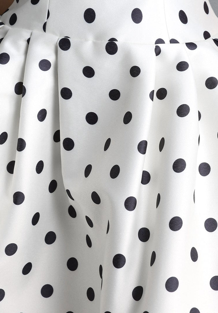 White Black Polka Dot Satin Square Neck Sleeveless Fit & Flare Mini Dress