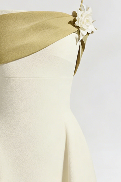 A-line Open Shoulder Cotton Crepe Midi Dress in beige