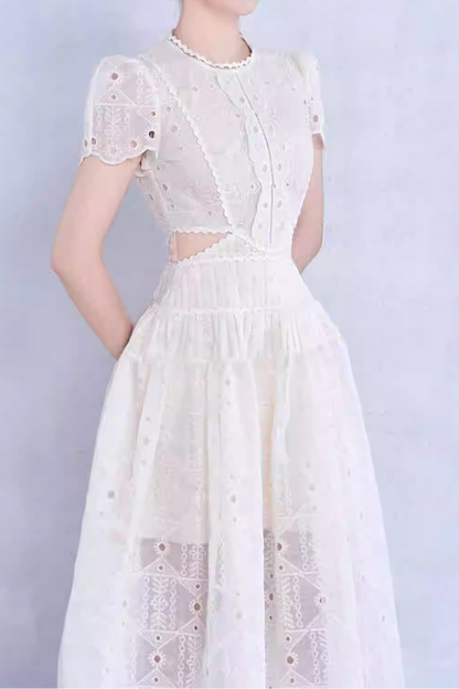 CUT OUT LACE DETAIL MIDI DRESS IN WHITE