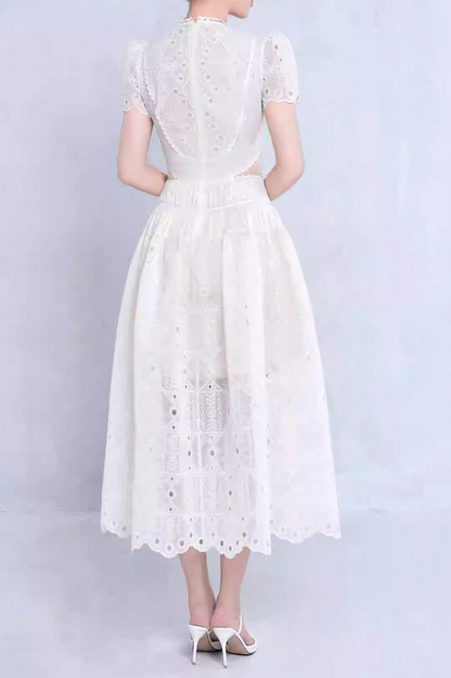 CUT OUT LACE DETAIL MIDI DRESS IN WHITE
