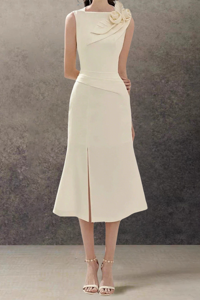 alani flower slim split midi dress in apricot