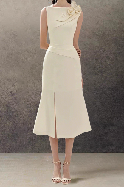 alani flower slim split midi dress in apricot