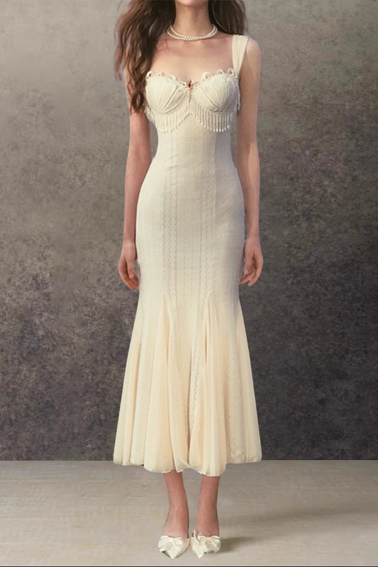 atalanta embellished flared midi dress in cream-white