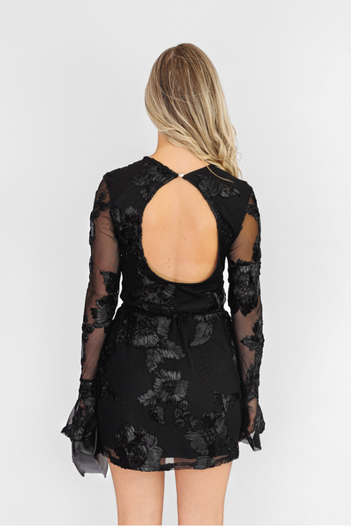 Black 3D Floral Mesh Long Sleeve Mini Dress with Back Cutout