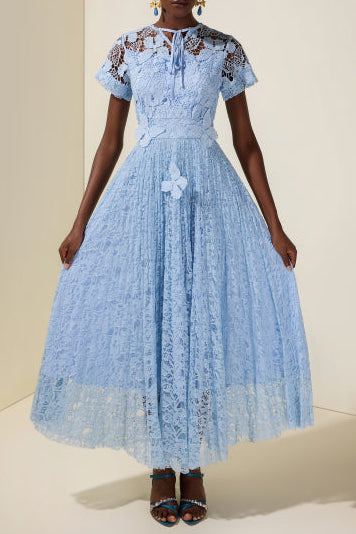 selena Lace Butterfly Pleated Midi Dress - blue