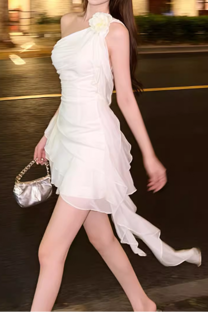 Flower one shoulder ruffle mini dress in white