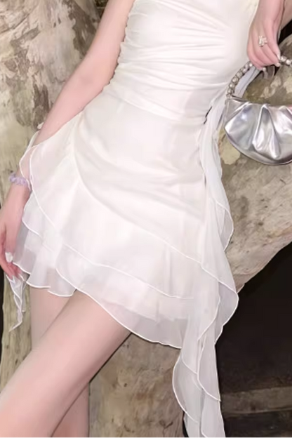 Flower one shoulder ruffle mini dress in white