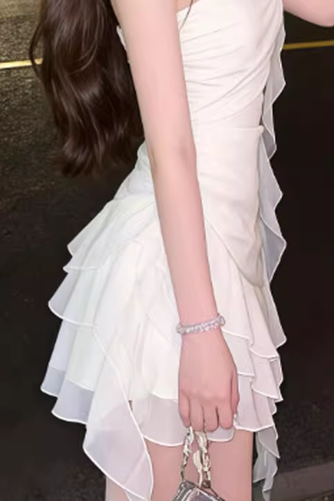 Flower one shoulder ruffle mini dress in white