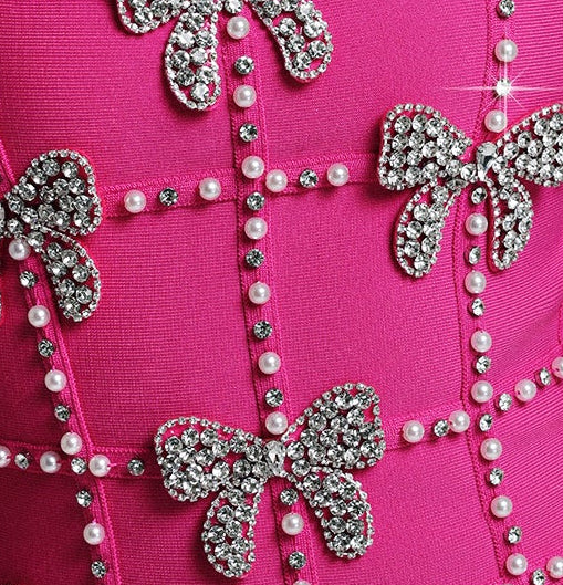 Hot Pink Rhinestone Bow Grid Spaghetti Strap Mini Bodycon Dress