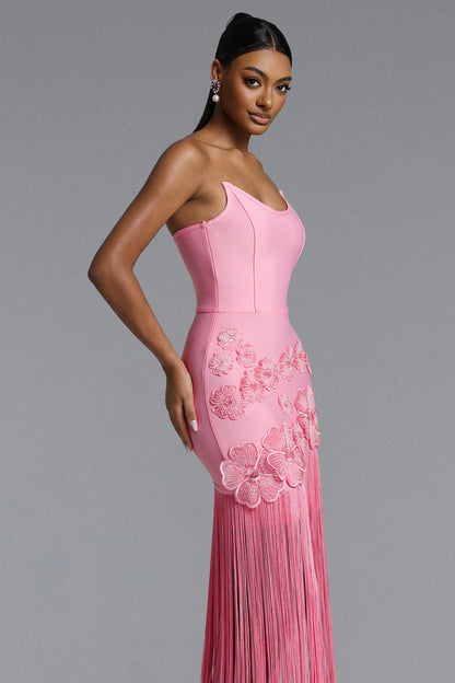 Ezgi Chic Contour Strapless Floral Fringe Bandage Maxi Dress