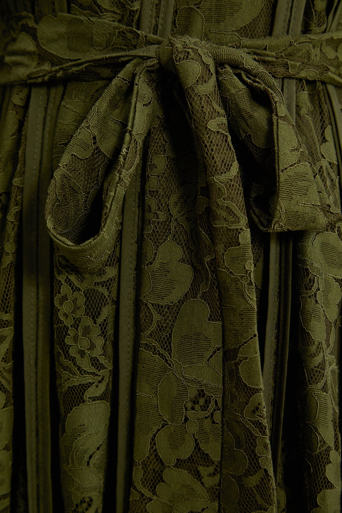 Olive Green Floral Lace High Neck Bell Sleeve Self-Tie Waist Maxi Dress