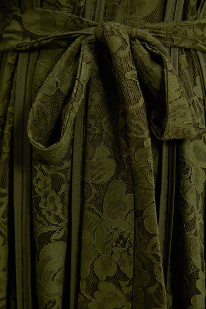 Olive Green Floral Lace High Neck Bell Sleeve Self-Tie Waist Maxi Dress