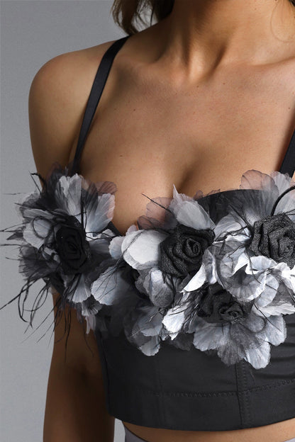 3D Floral Feather Spaghetti Strap Satin Corset Crop Top