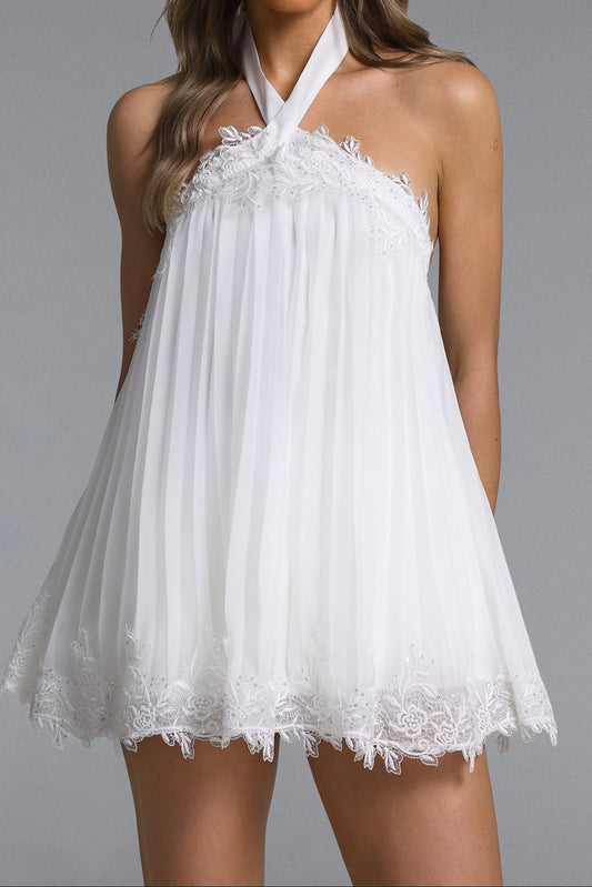 White Halter Neck Lace Trim Pleated Chiffon Mini Babydoll Dress