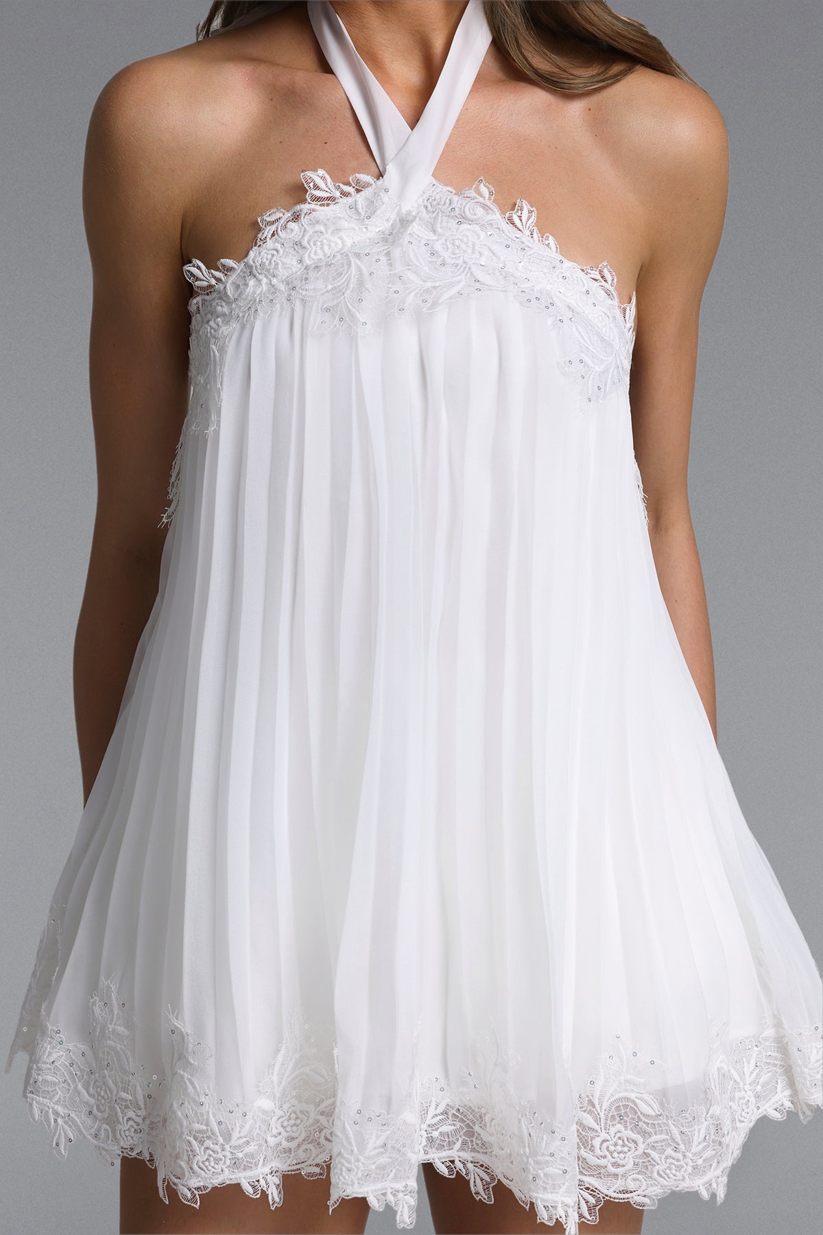 White Halter Neck Lace Trim Pleated Chiffon Mini Babydoll Dress