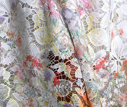 White Hollow Floral Lace Cap Sleeve Colorful Floral Lined A-Line Midi Dress