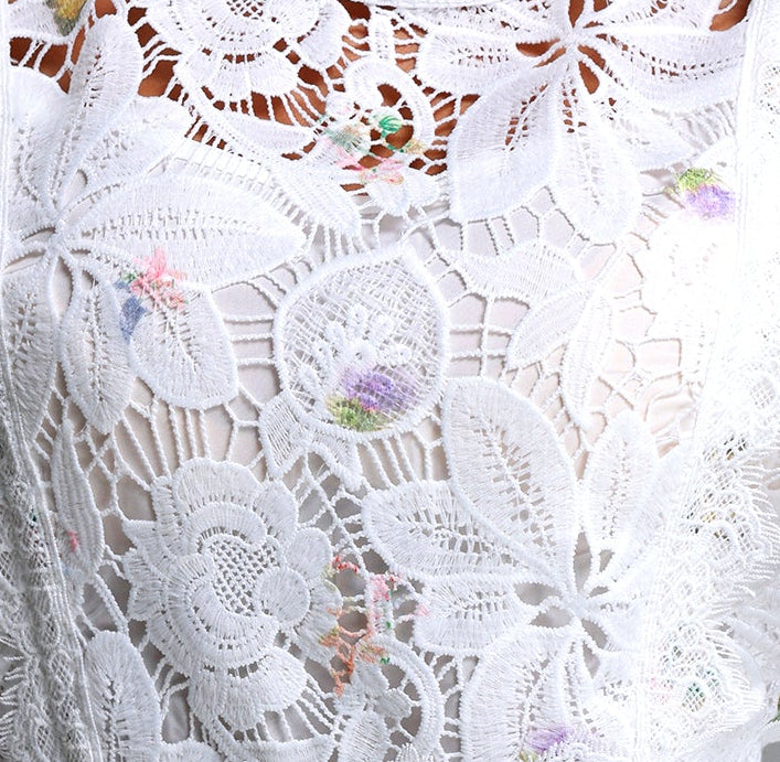 White Hollow Floral Lace Cap Sleeve Colorful Floral Lined A-Line Midi Dress