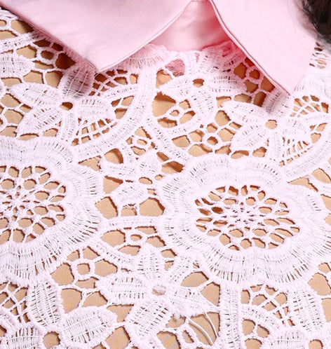 Light Pink Floral Lace Lapel Collar Short Sleeve Mermaid Midi Dress With Matching Belt