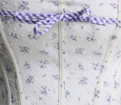 White Purple Floral Gingham Bow Strapless Corset & Mini Skirt Two-Piece Set