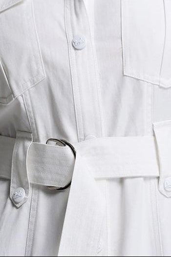 White Cap Sleeve Belted Cargo Pocket Front Split Midi Shirt Dress